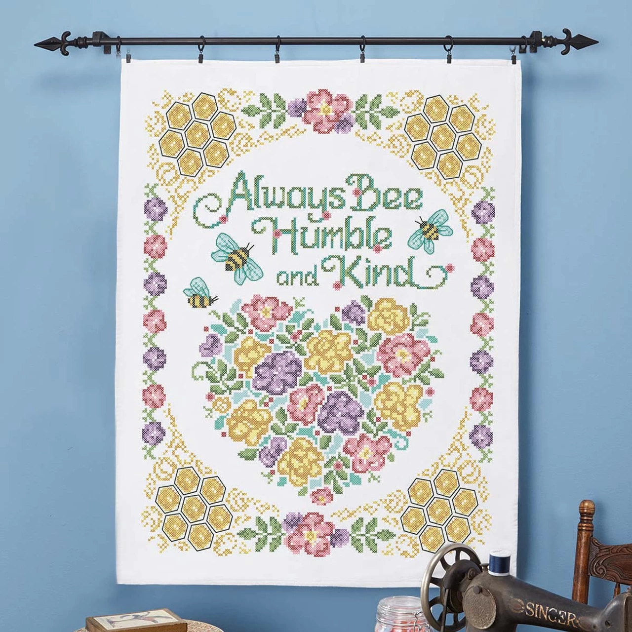 Herrschners Bee Humble Lap Quilt Top Stamped Cross-Stitch Kit