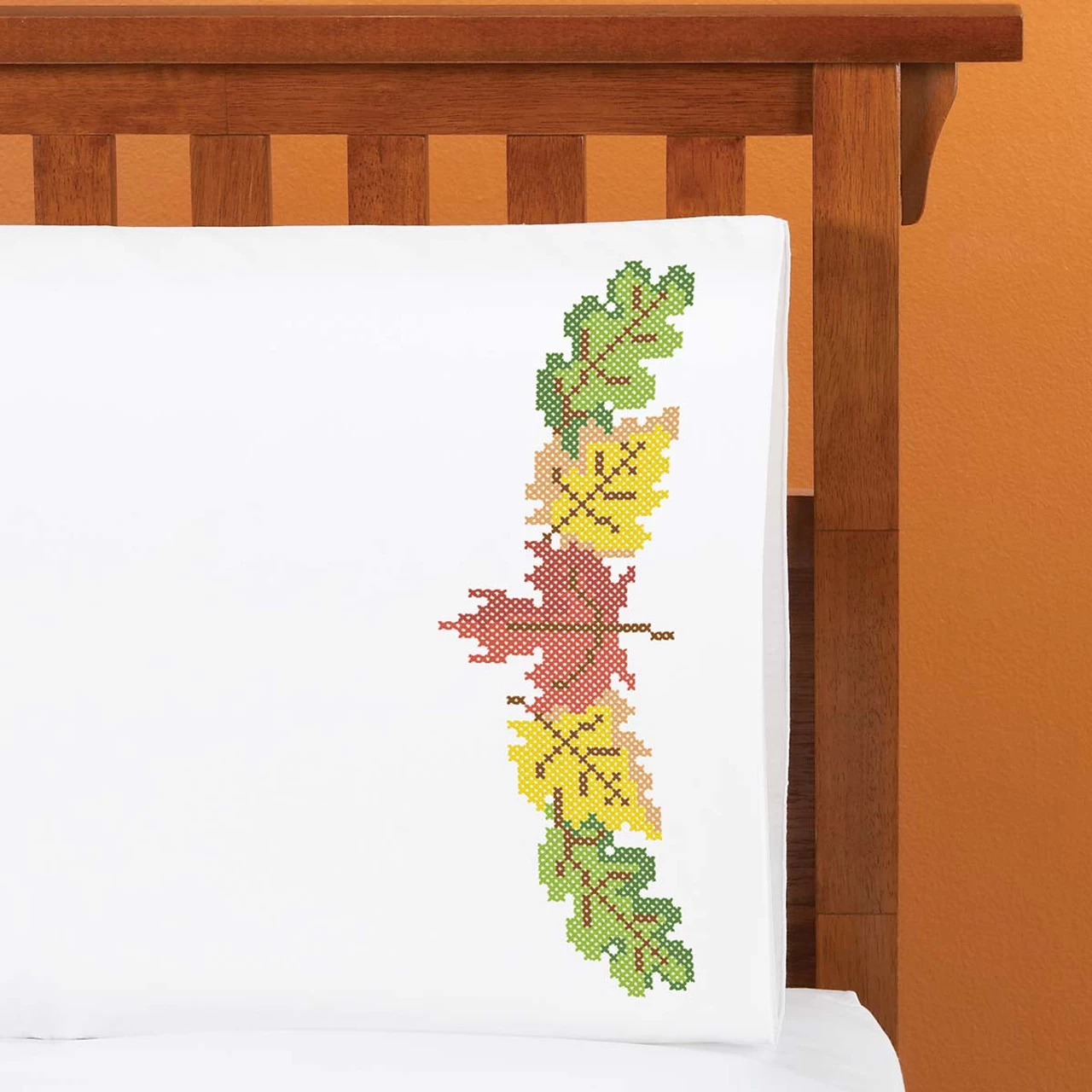 Herrschners Autumn Leaves Pillowcase Pair Stamped Cross-Stitch