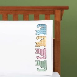 Herrschners Patchwork Kittens Pillowcase Pair Stamped Cross-Stitch