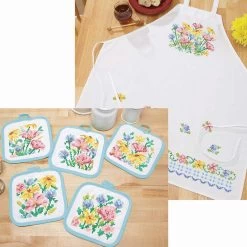 Herrschners Cottage Blooms Pot Holders & Apron Stamped Cross-Stitch