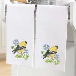 Herrschners Floral Finch Towel Pair Stamped Cross-Stitch