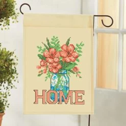 Herrschners Floral Mason Jar Porch Flag Stamped Cross-Stitch Kit
