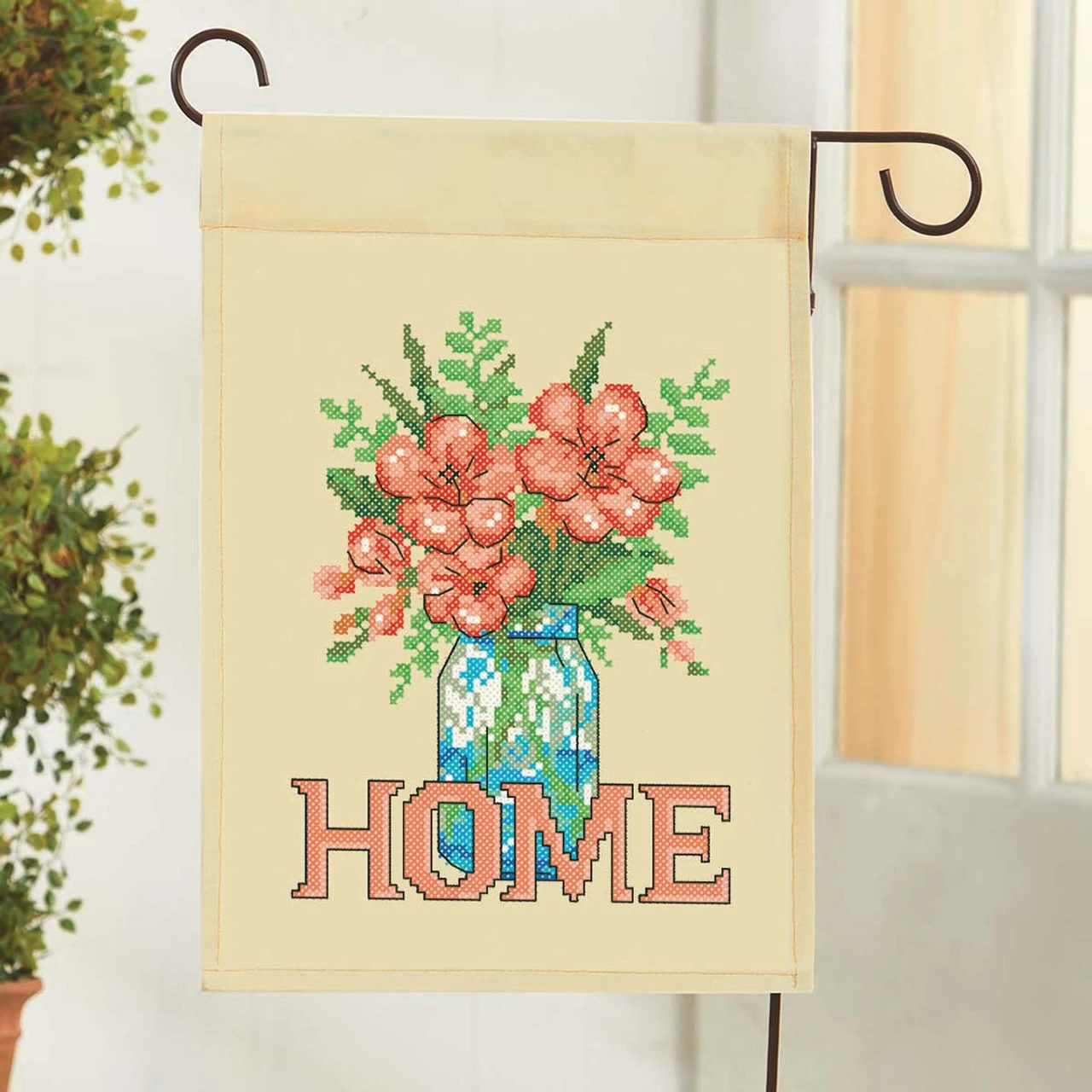 Herrschners Floral Mason Jar Porch Flag Stamped Cross-Stitch Kit