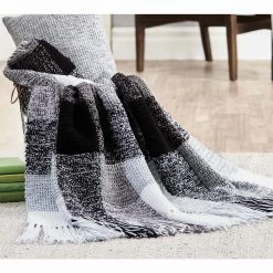 Herrschners Black & White Plaid Blanket Crochet Kit