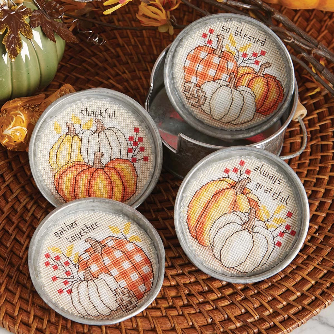Herrschners Always Thankful Coasters Counted Cross-Stitch Kit
