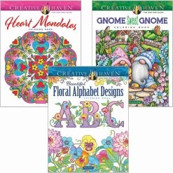 Dover Floral Alphabet, Heart Mandalas & Gnomes, Set Of 3 Coloring Book