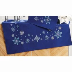 Herrschners Snowflakes On Blue Table Topper Stamped Embroidery Kit