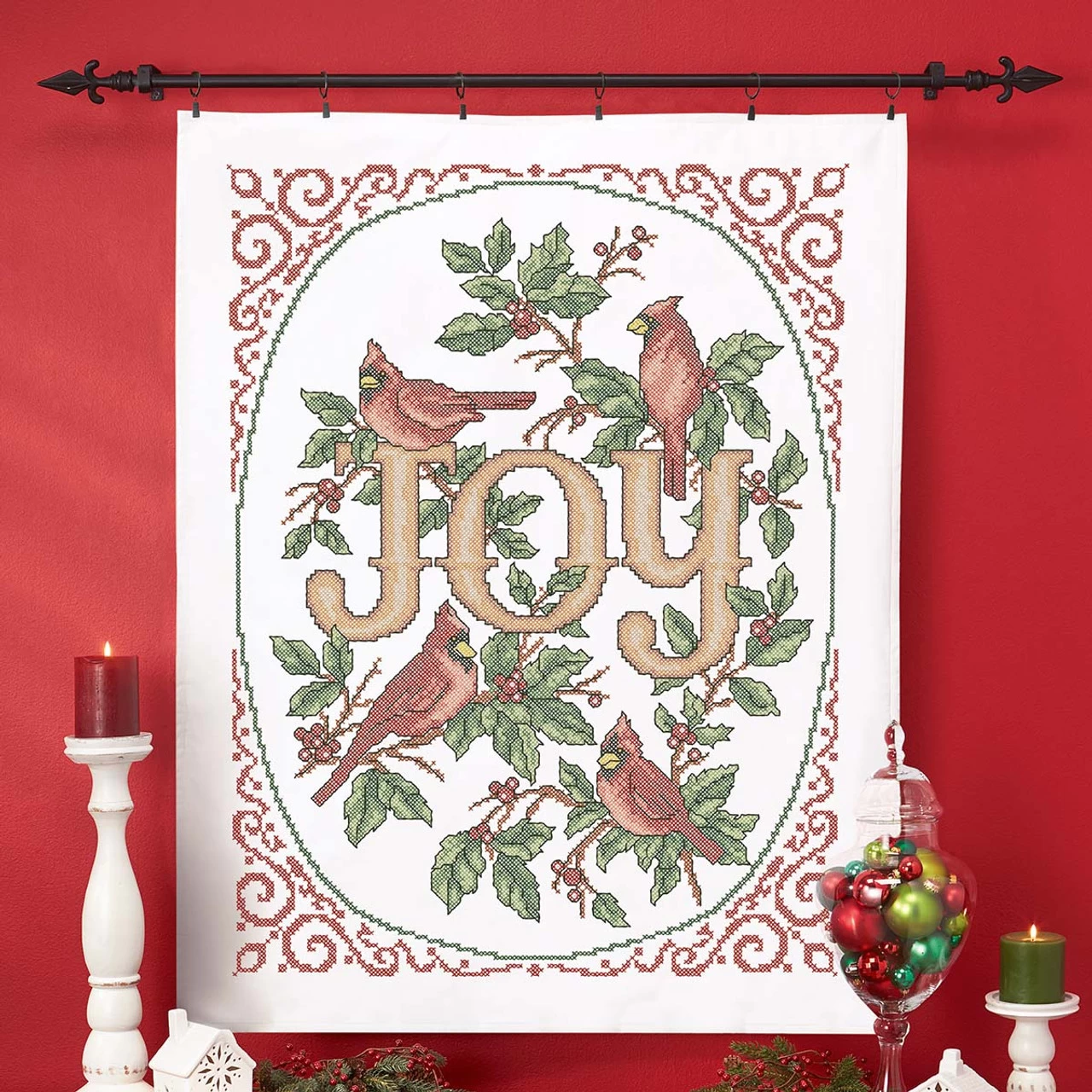 Herrschners Cardinal Joy Lap Quilt Top Stamped Cross-Stitch Kit