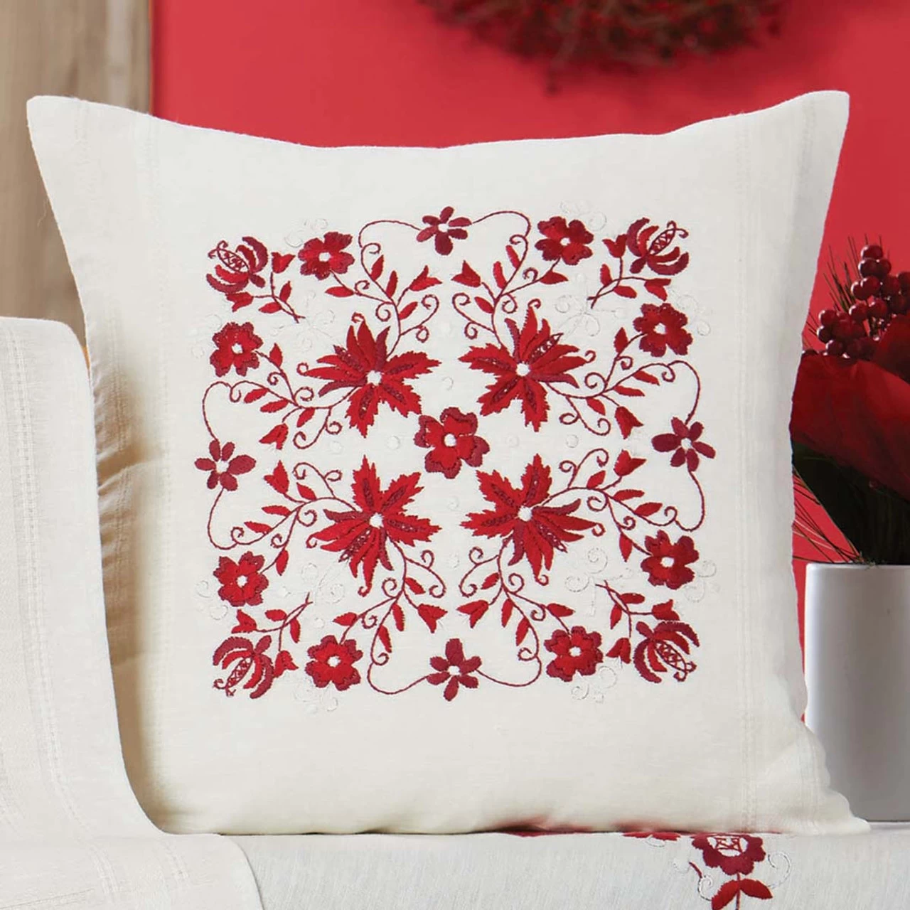 Craftways Christmas Red Floral Pillow Cover Stamped Embroidery Kit